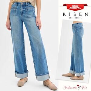 RISEN Elastic Band Mid Rise Patch Pocket Cuffed Hem Medium Wash Wide Leg Jeans
